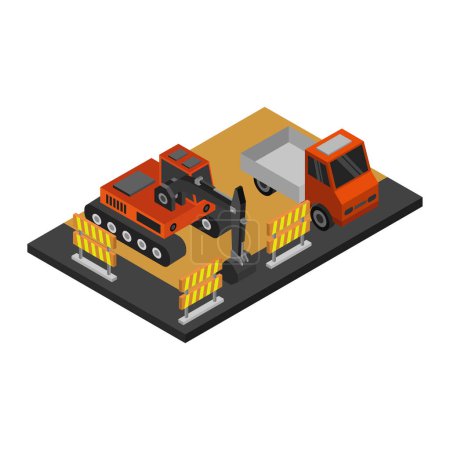 Illustration for Isometric truck and excavator, vector illustration simple design - Royalty Free Image