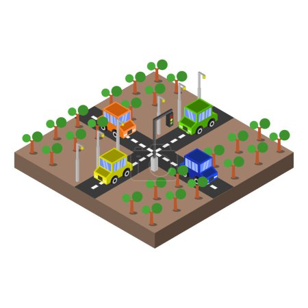 Illustration for Isometric city with trees and cars, road and cars - Royalty Free Image
