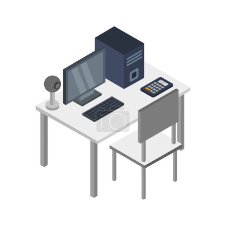 Téléchargez les illustrations : Lieu de travail isométrique de bureau avec ordinateur sur bureau, illustration vectorielle - en licence libre de droit