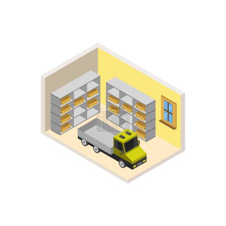 Téléchargez les illustrations : Entrepôt avec icône de camion. isométrique de l'entrepôt avec icône vectorielle d'entrepôt pour la conception web isolé sur fond blanc - en licence libre de droit