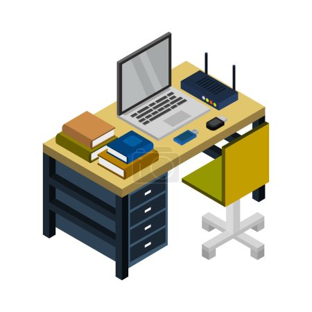 Ilustración de Escritorio con libros e icono de la computadora, concepto de educación en línea - Imagen libre de derechos