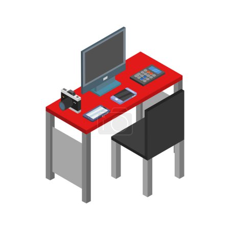 Téléchargez les illustrations : Bureau informatique avec fournitures de bureau et livres - en licence libre de droit