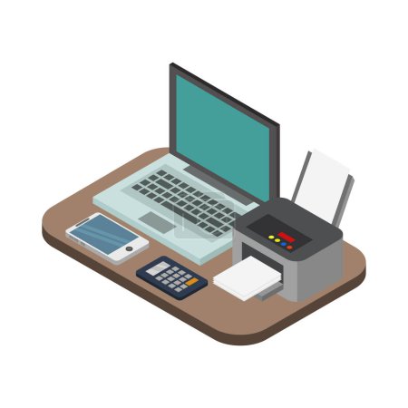 Téléchargez les illustrations : Espace de travail isométrique de bureau avec icône informatique, illustration vectorielle - en licence libre de droit
