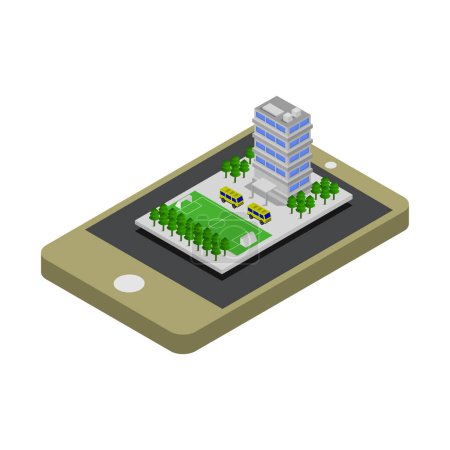 Téléchargez les illustrations : Icône de ville isométrique avec smartphone et arbres. illustration vectorielle - en licence libre de droit