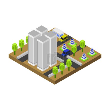 Illustration for Isometric city composition with isolated elements of the buildings and cars on white background - Royalty Free Image