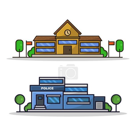 Téléchargez les illustrations : Illustration vectorielle des services de police et des bâtiments publics. dessin animé design de style ligne plate - en licence libre de droit
