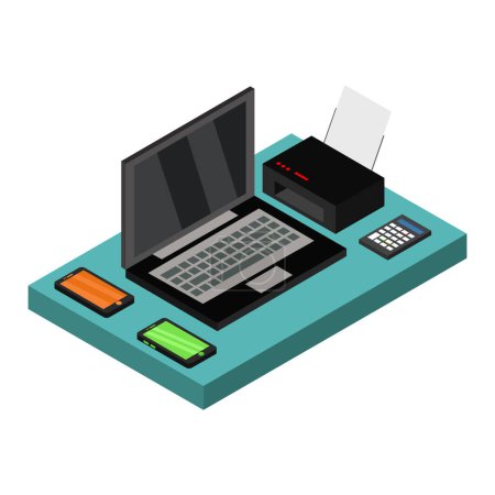 Ilustración de Espacio de trabajo de oficina isométrica con icono de la computadora, diseño de ilustración vectorial - Imagen libre de derechos