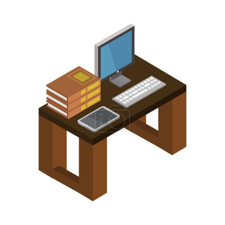 Téléchargez les illustrations : Ordinateur de bureau avec livres et icône informatique, concept d'éducation en ligne - en licence libre de droit