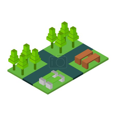 Illustration for Isometric park, trees with bushes, benches, lawn, grass - Royalty Free Image