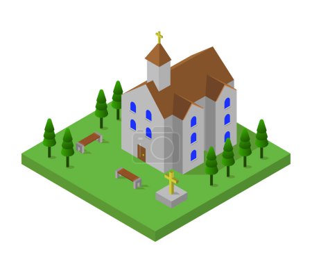 Ilustración de Iglesia con icono cristiano, estilo isométrico - Imagen libre de derechos