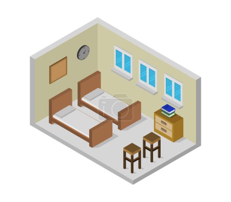 Téléchargez les illustrations : Chambre isométrique avec deux lits icône, vecteur design simple - en licence libre de droit