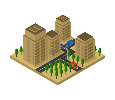 Ilustración de Ciudad isométrica con coches y árboles - Imagen libre de derechos