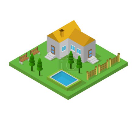 Téléchargez les illustrations : Maison isométrique avec piscine, illustration vectorielle 3 d - en licence libre de droit