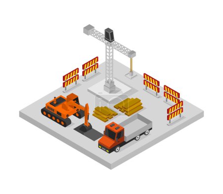 Ilustración de Composición isométrica del edificio industrial con iconos aislados de grúa y grúa con ilustración de vectores de camiones - Imagen libre de derechos