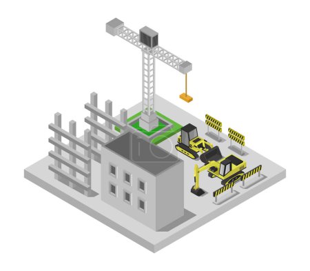 Téléchargez les illustrations : Concept de bâtiment de construction. vue isométrique de la grue de construction. vecteur - en licence libre de droit