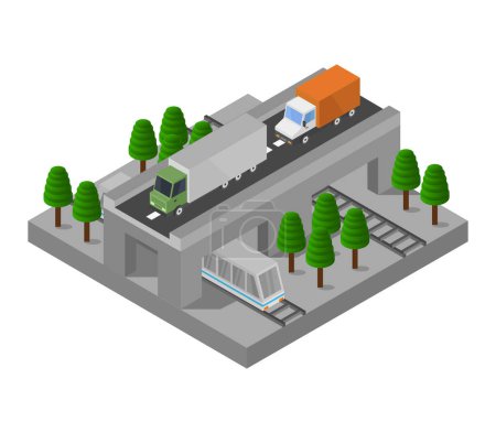 Illustration for Ometric vector illustration of a isometric view of a city with a road, car and trees - Royalty Free Image