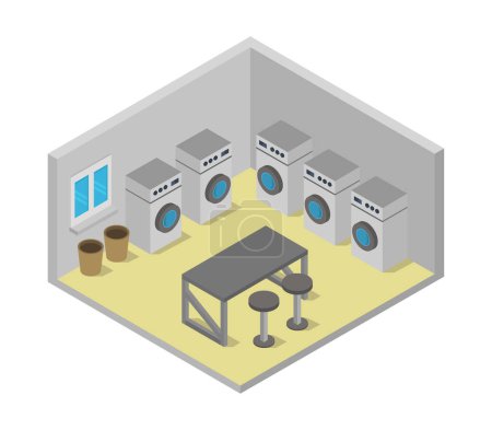 Illustration for Vector flat illustration of laundry room interior with furniture and washing machine. flat style design. - Royalty Free Image