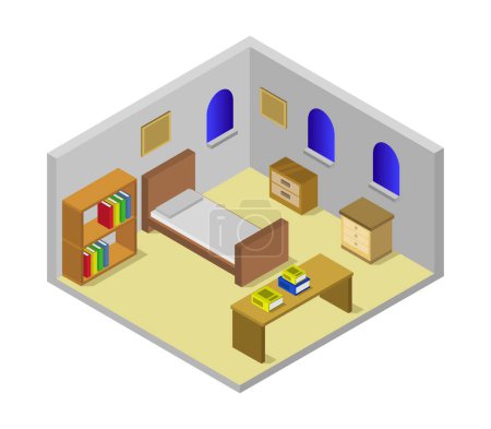 Illustration for Isometric vector illustration of a room with a large window, a house with a carpet, with a bed and a wooden floor. - Royalty Free Image
