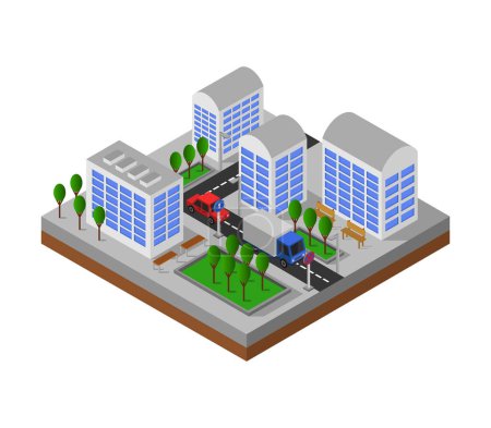 Téléchargez les illustrations : Ville urbaine isométrique, ville avec voitures, route et arbres, bâtiments - en licence libre de droit