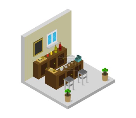Illustration for Isometric cafe with chairs and tables, vector - Royalty Free Image