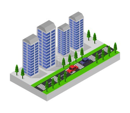Ilustración de Parque isométrico de la ciudad con coches, árboles, arbustos y otros edificios. Representación 3 d - Imagen libre de derechos