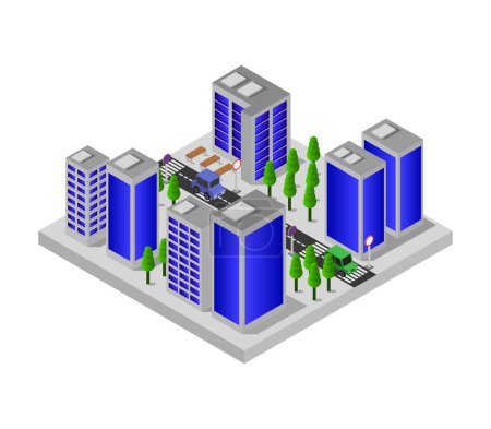 Illustration for Isometric city with trees, buildings, streets and skyscrapers, 3 d city. vector illustration - Royalty Free Image