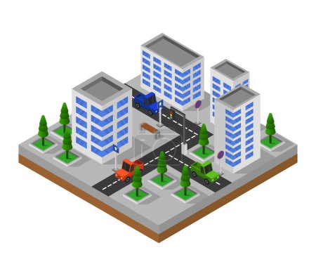 Illustration for Isometric 3 d vector illustration of a city, urban and road, car, traffic, road, road, city, roads, roads, - Royalty Free Image