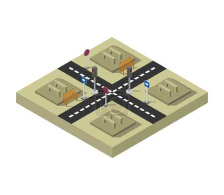 Téléchargez les illustrations : Illustration vectorielle isométrique d'une rue avec panneau routier. - en licence libre de droit