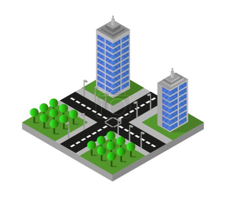 Illustration for Isometric city park, trees and cars, road with road, road - Royalty Free Image
