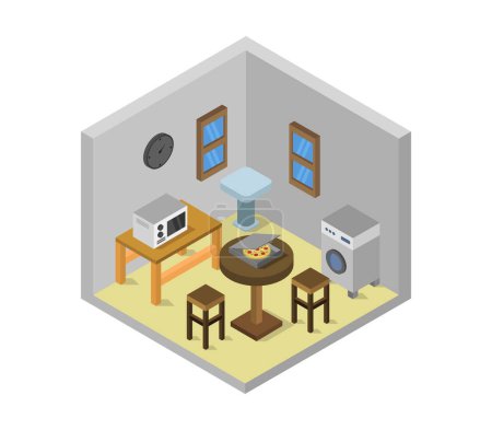 Illustration for Isometric kitchen interior with furniture and cooking tools vector illustration - Royalty Free Image