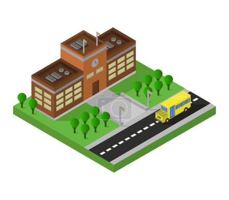Illustration for Vector isometric city with bus, vector simple design - Royalty Free Image
