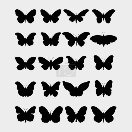 Téléchargez les illustrations : Icônes papillons ensemble. ensemble noir d'icônes vectorielles papillon isolé sur fond blanc - en licence libre de droit