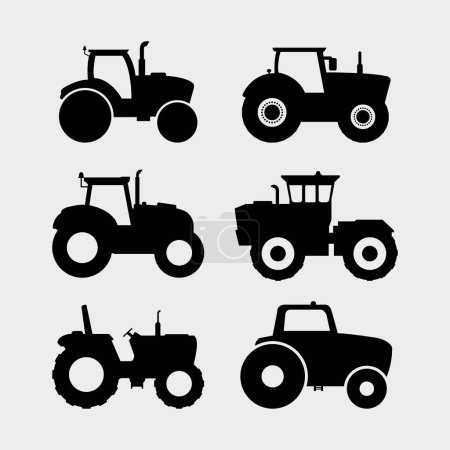 Téléchargez les illustrations : Ensemble d'icônes tracteur agricole, illustration vectorielle noire. - en licence libre de droit