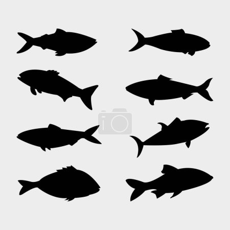 Téléchargez les illustrations : Ensemble de silhouettes de poissons requins isolés sur fond blanc - en licence libre de droit
