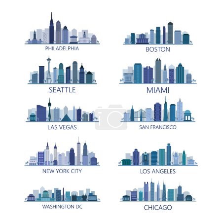 Téléchargez les illustrations : Ensemble de flat usa city skyline, États-Unis - en licence libre de droit