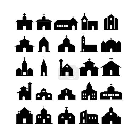 Reihe von Ikonen der Kirche auf weißem Hintergrund, Vektorillustration
