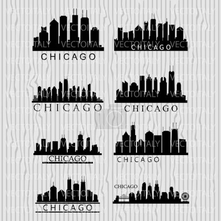 Téléchargez les illustrations : Chicago Skyline Silhouette Design City Vector Art Célèbre Bâtiments Timbre - en licence libre de droit