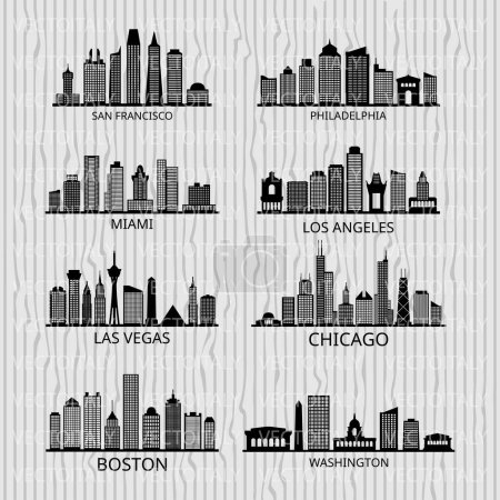 Illustration for Skyline Silhouette Design Cities Vector Art Famous Buildings Stamp - Royalty Free Image