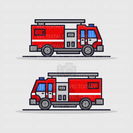 Téléchargez les illustrations : Jeu vectoriel de camions de pompiers de dessin animé - en licence libre de droit