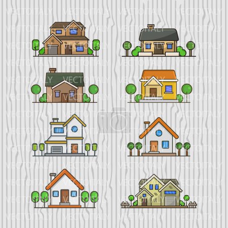 Téléchargez les illustrations : Ensemble de maisons avec des arbres verts. illustration vectorielle. - en licence libre de droit