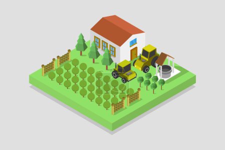 Téléchargez les illustrations : Maison de village isométrique avec arbres et illustration vectorielle d'herbe - en licence libre de droit