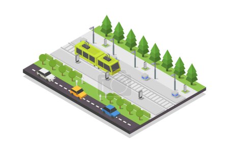 Téléchargez les illustrations : Route de ville isométrique avec voitures et tramway. Illustration vectorielle 3D. - en licence libre de droit