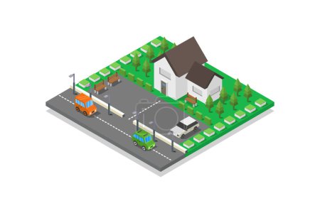 Téléchargez les illustrations : Maison isométrique avec arbres verts et voitures, illustration vectorielle - en licence libre de droit