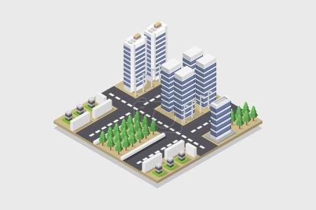Téléchargez les illustrations : Bâtiments et arbres isométriques de la ville, illustration vectorielle - en licence libre de droit