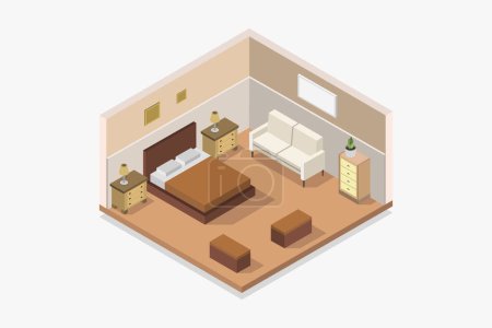 Téléchargez les illustrations : Design intérieur isométrique de la chambre à coucher, illustration vectorielle - en licence libre de droit