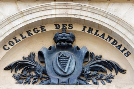 Photo for Paris, France - March 31, 2024 :The logo of Irish College in Paris. It located in Latin 5th district of Paris and was founded in the late 16th century. - Royalty Free Image