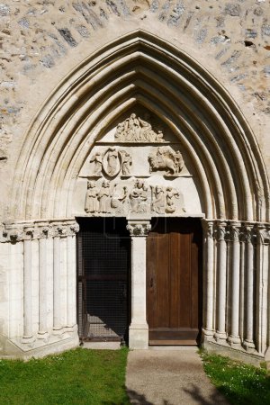 Tympanum of the Collegiate Church of Our Lady of the Assumption in the rural town of Crecy la Chapelle in the French department of Seine et Marne in Paris Region