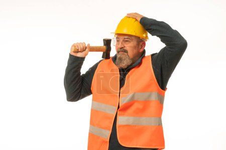 Téléchargez les photos : Professional engineer inspector foreman at work , construction manager working in manufacturing technology, man at work concept, on white background in yellow helmet and orange vest. - en image libre de droit