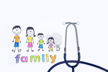 Téléchargez les photos : Médecin de famille, illustration de famille avec stéthoscope du médecin sur fond blanc, clinique médicale - en image libre de droit