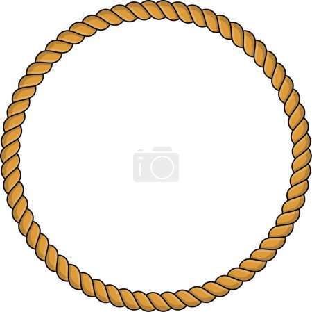 Round rope frame isolated on white background. Twisted cord with decorative loops and nautical knots. Braided rope decor. Vintage flat cartoon vector border.